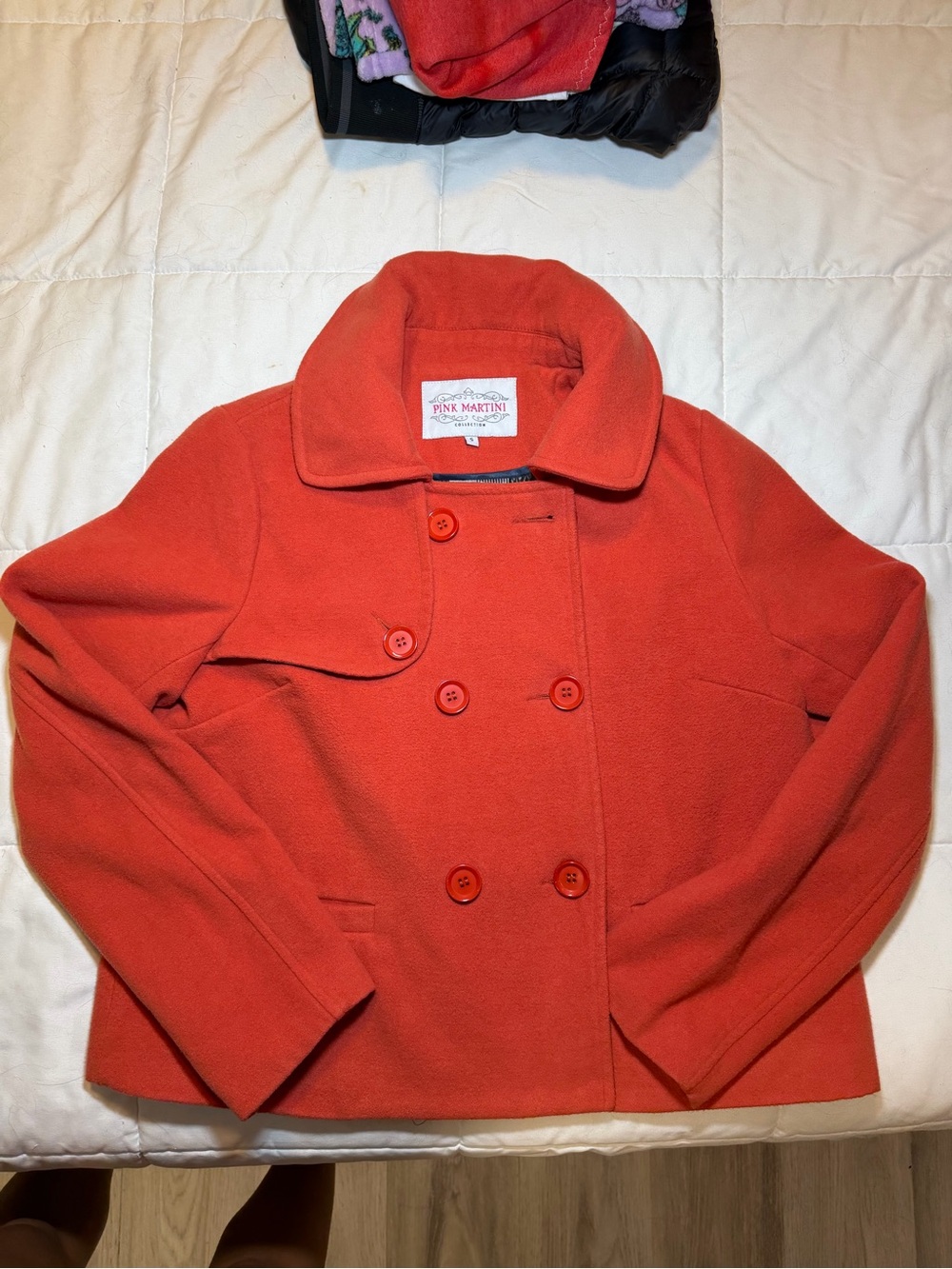 Pink Martini Coral-Red Double-Breasted Peacoat